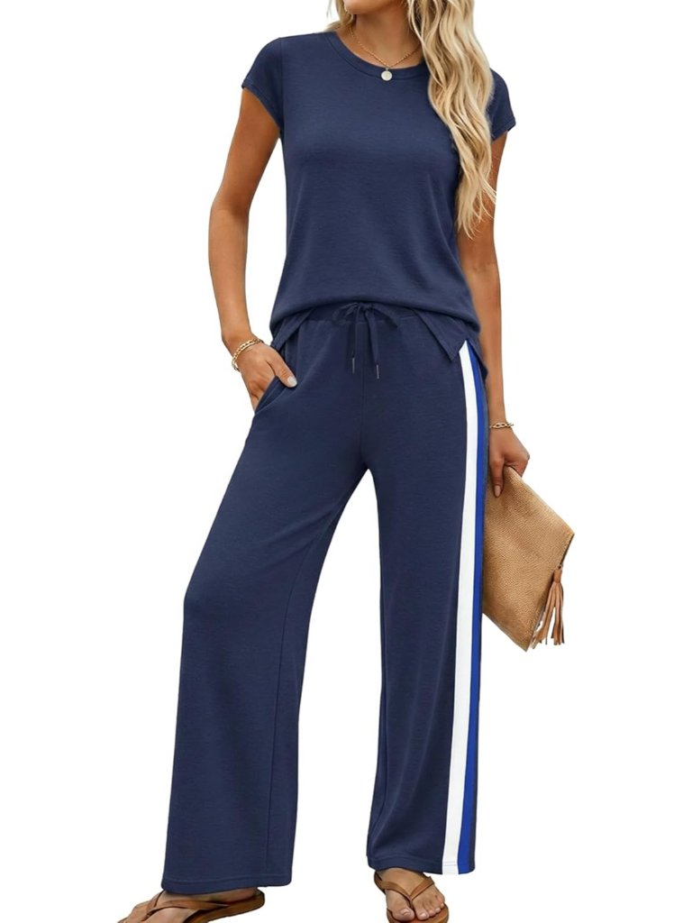 Women Navy Blue 2 Piece Pants Set For Travel Set Short Sleeve Track Suits Casual